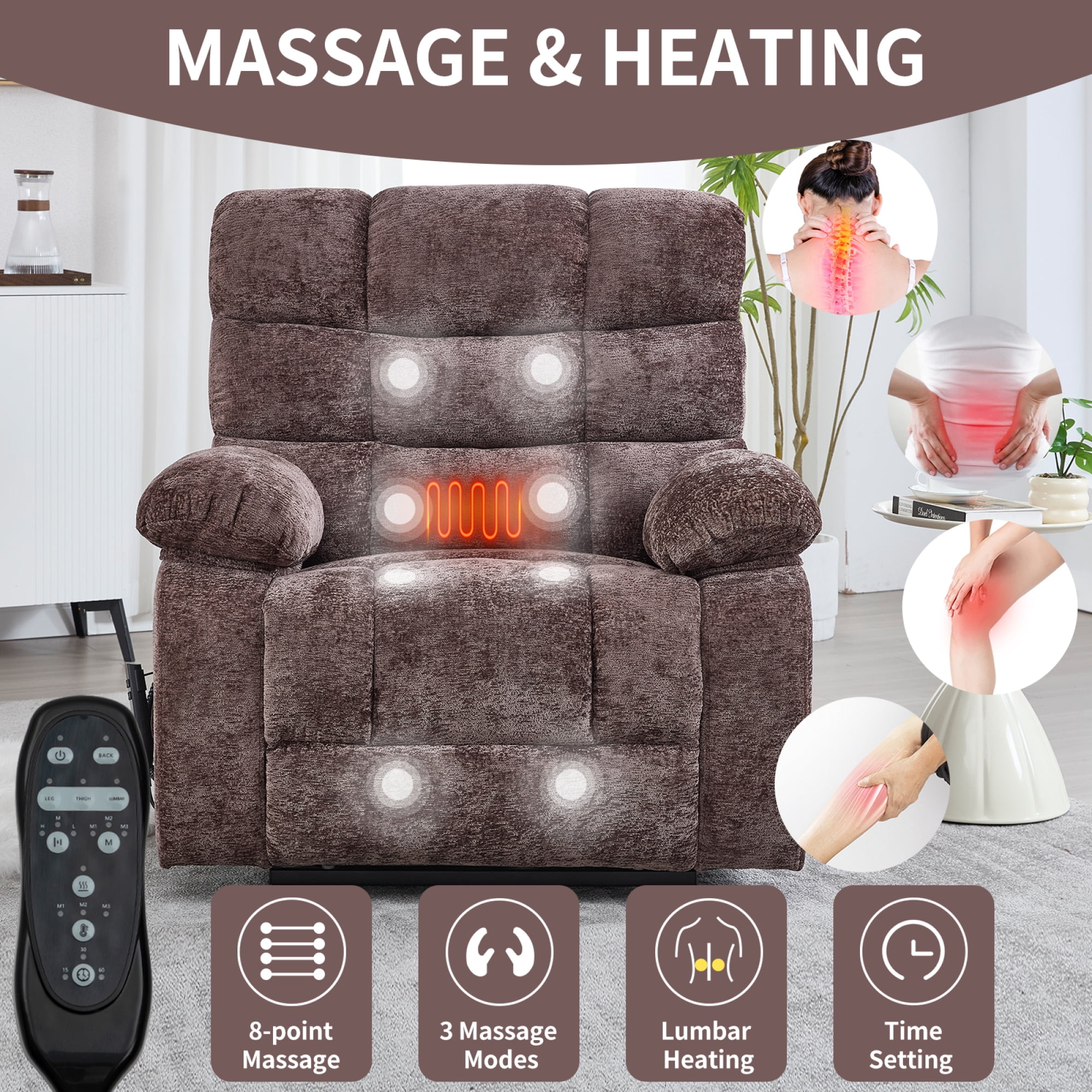 Leumius Large Power Lift Recliner Chair for Elderly,Heavy Duty Chenille Recliners with Massage and Heating for Living Room,Brown