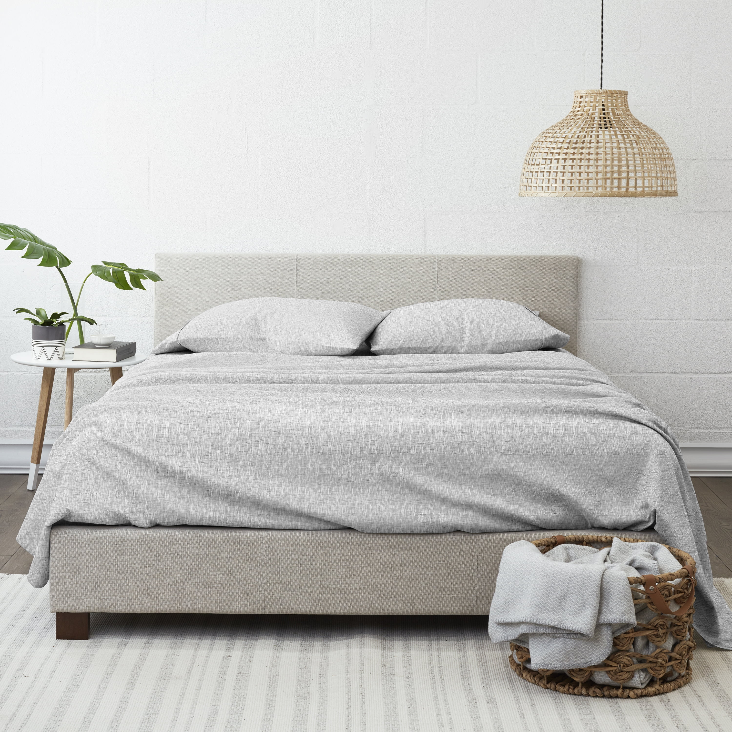 Noble Linens 4 Piece Pattern Microfiber Bed Sheets Set, Light Gray Chambray Style, Full