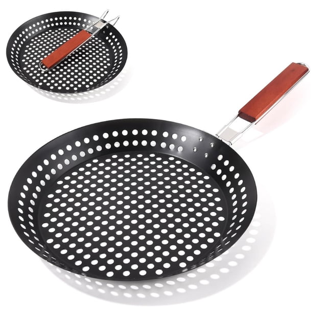 Sartén Antiadherente AUERQXZ Negro con Mango Plegable de Acero al Carbono para Asar al Aire Libre