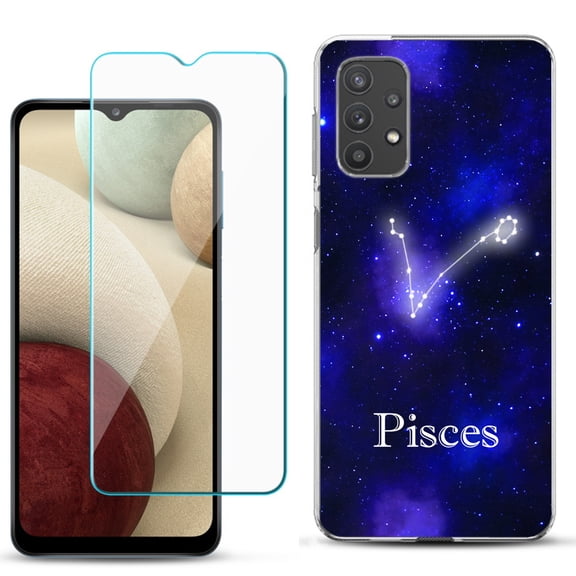 Slim-Fit TPU Phone Case compatible with Samsung Galaxy A32 5G, with Tempered Glass Screen Protector, by OneToughShield ® - Zodiac / Pisces