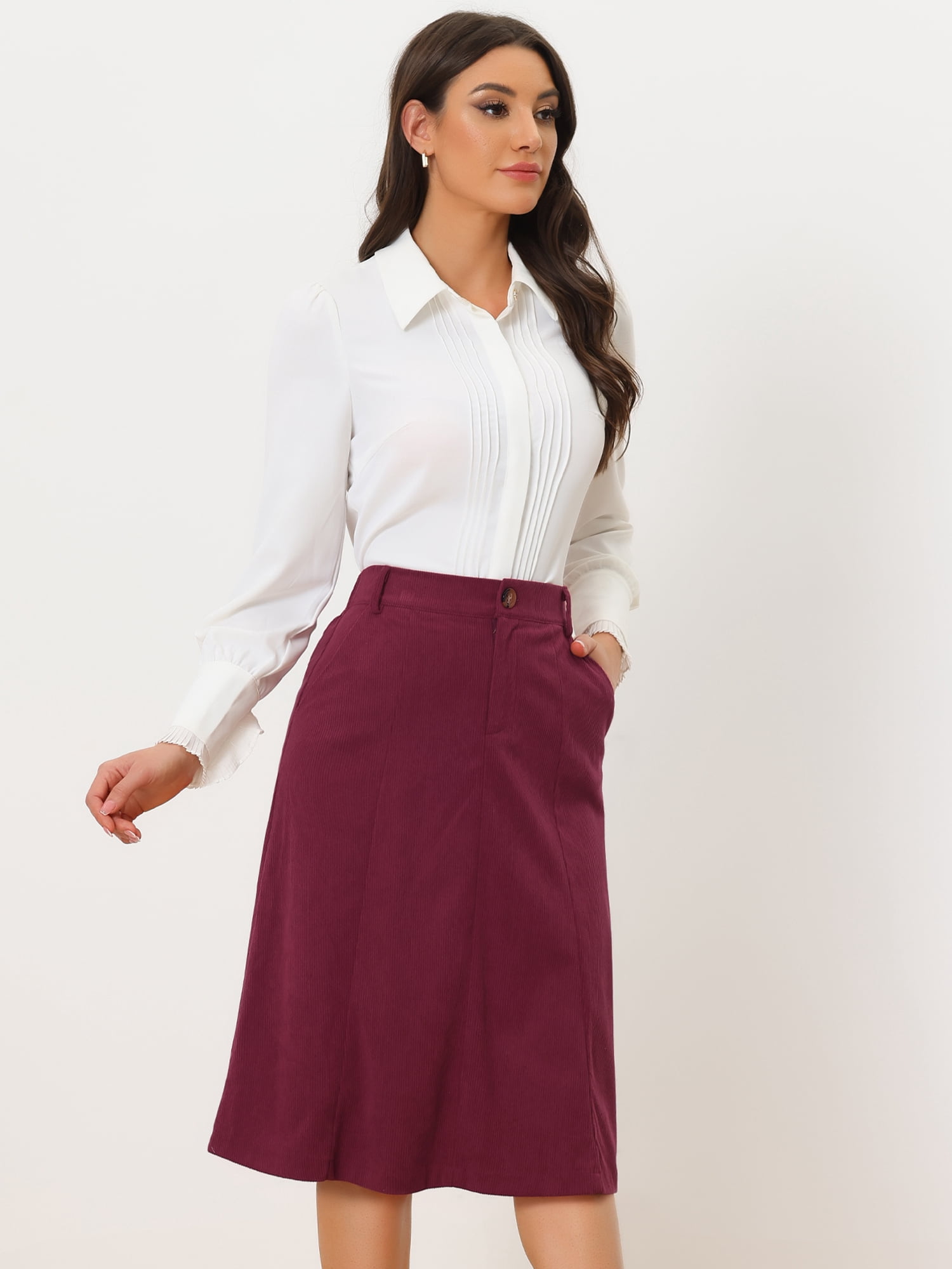 DARING DIVA Women's A-Line Belted Fall Midi Corduroy Skirt S Burgundy