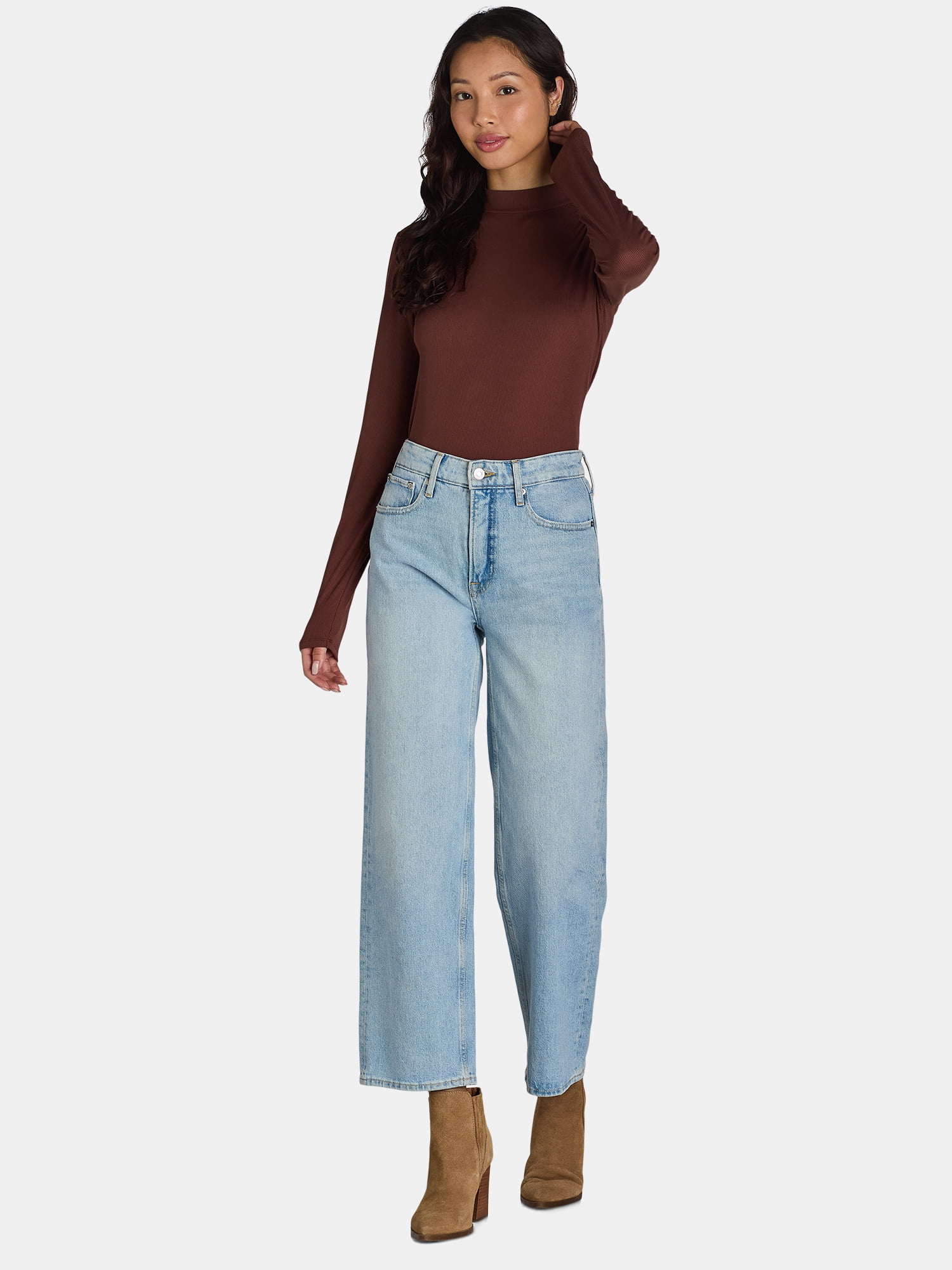 No Boundaries Ribbed Mock Neck Top with Long Sleeves, Women’s and Women’s Plus
