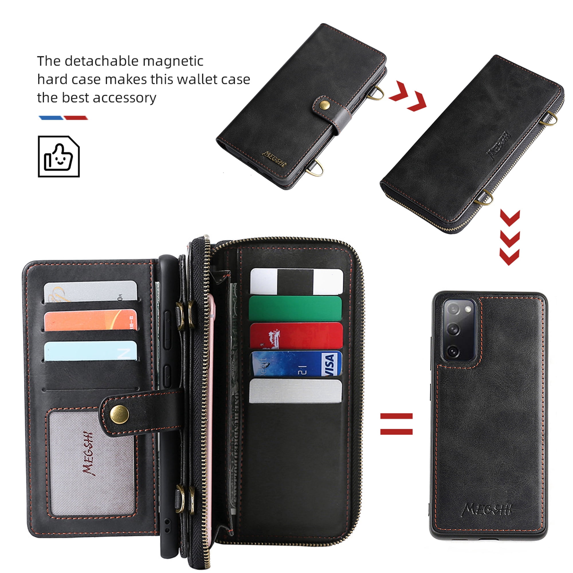 Samsung Galaxy S20 FE 5G Wallet Case, Dteck 2 in 1 Magnetic Detachable Wallet Purse [Crossbody Chain] Durable PU Leather Zipper Handbag Folio Flip Card Slot Protection Back Cover, Black