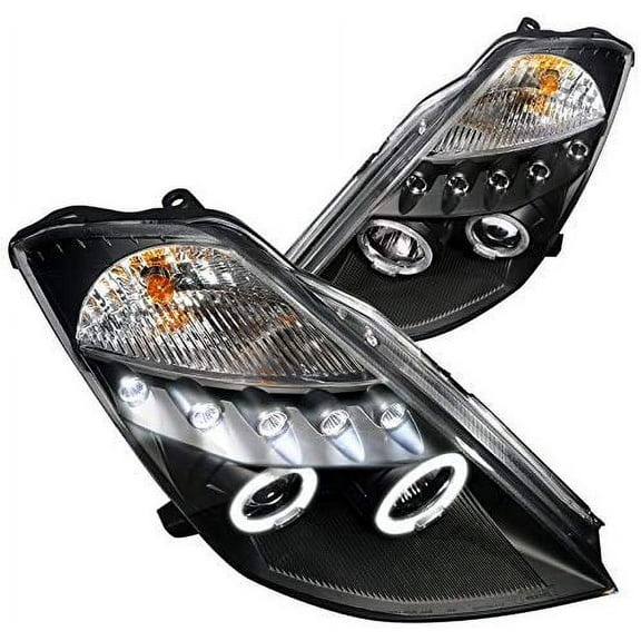 Dual LED Halo Projector Headlight In Black Housing Clear Lens With LED DRL Fog Lights Made For And Compatible With 2003 - 2005 Nissan 350Z 03 04 05