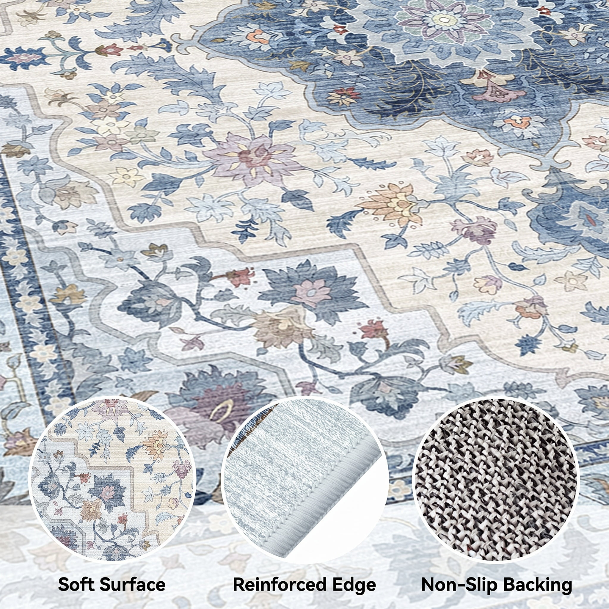 CHITOOMA 5'x7' Area Rugs for Living Room, Boho Machine Washable Stain Resistant Non-Shed Carpet, Floral Area Rug with Non-Slip Backing for Bedroom, Dining Room, Dorm, Office