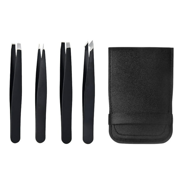 Fiudx Juego de Pinzas para Cejas, Paquete de 4, Pinzas de Precisión de Acero Inoxidable, Puntas Antideslizantes, Seguro para Depilación Facial, Bolsa de Viaje, Ideal para El Cuidado Personal Femenino