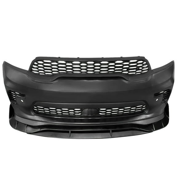 Ikon Motorsports Front Bumper Cover with Lip Compatible with 2021-2025 Dodge Durango, 2021  Hellcat Style Unpainted PP Replacement Conversion w/ Upper Lower Grille, Fog Light Bezel and Lower Fascia