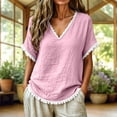 thumbnail image 2 of Linen Cotton Tops For Women Summer V Neck Short Sleeve Tassel Trim Casual Solid Classic Holiday Resort Weekend Outdoor Easy Outfit Elegant Laid Back, 2 of 6