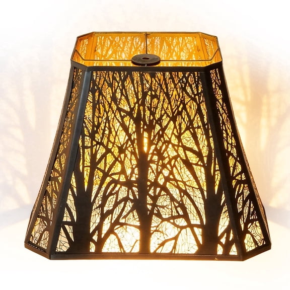 SWAIFDEE Rectangular Metal Lamp Shade, Etched Forest Design Bell Lampshade for Table Floor Lamp, (8 6)in top x (14 8 )in bottom x 11 in High, Spider Fitter, Black Gold