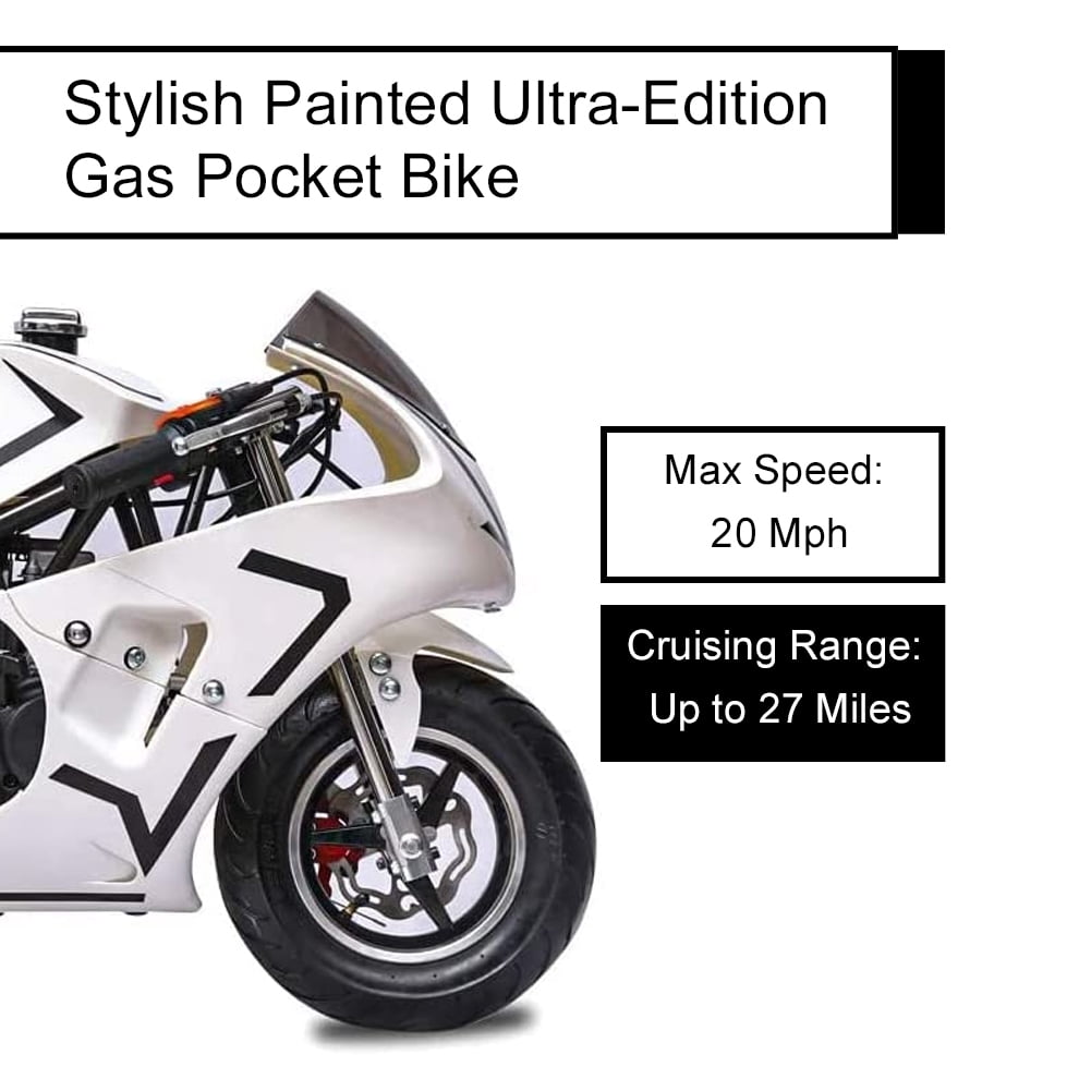 FRP 2 Stroke Pocket Bike 03, Pocket Bike for Kids W/ Strong Dual Brake, Realistic Racing Pocket Rocket Max Speed 20 Mph, Mini Bike Max Weight 165 LB-Ultra Edition, White
