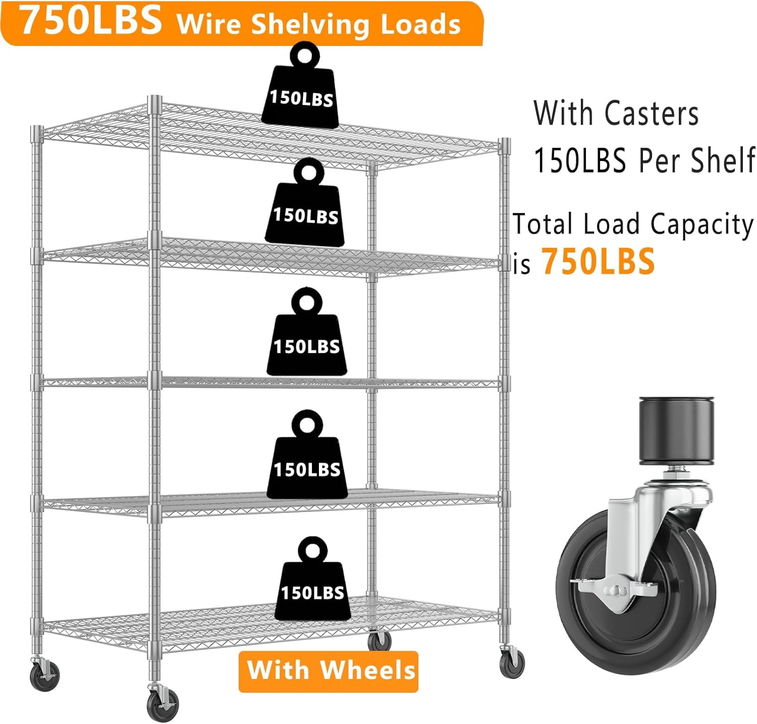 Sailvan 5-Tier Heavy Duty Wire Shelving Unit with Wheels, 48"W x 24"D x 82"H Metal Storage Rack, 750LBS Capacity（using wheels） 3250LBS Capacity, Adjustable Garage Shelves,Silver