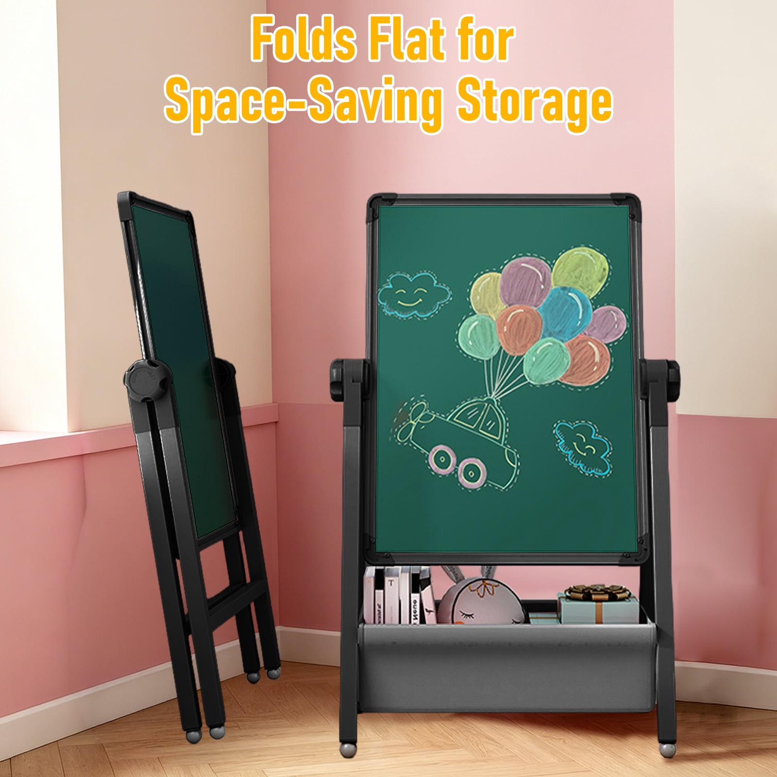 Art Easel for Kids, Double Sided Magnetic Kids Easel, Adjustable 360°Rotating Whiteboard & Chalkboard for Boys and Girls, Black
