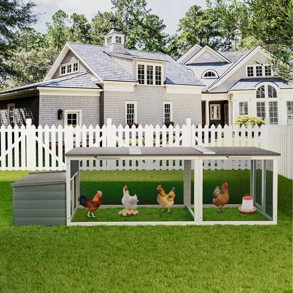 Walk-In Chicken Coop Outdoor, Large 20.93ft² Wooden Hen House with Weatherproof Asphalt Roof, Metal Mesh Run & Nesting Box, Secure Poultry Cage for Backyard Farming, Gray