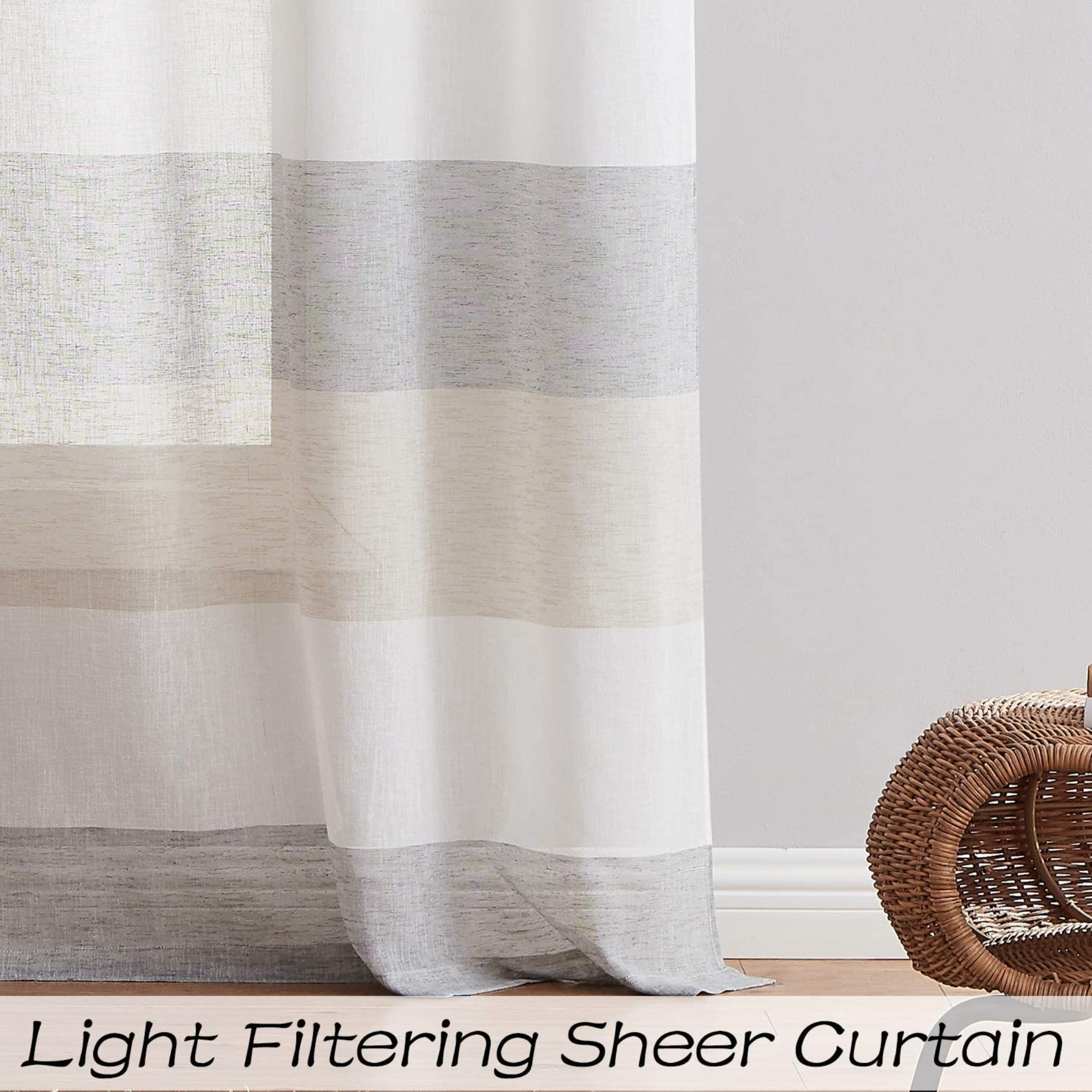 Uptown Home Gray Tan Color Block Grommets Window Sheer Curtain Panel for Bedroom Stripe Window Treatment for Living Room, 40"x95"x2