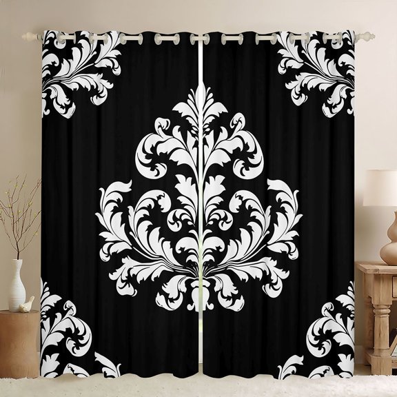Homewish Damask Print Blackout Curtains Set of 2 (52x84 Each),Retro Victorian Flower Window Curtains,Black White Curtains and Drapes For Men Women,Super Cozy Room Decor