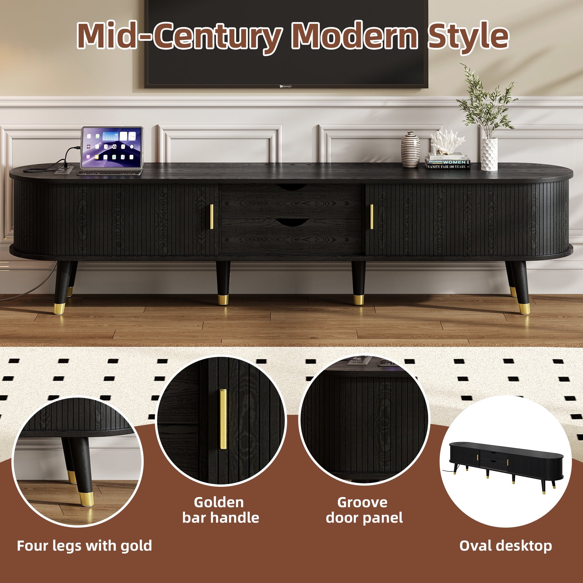Euroco Mid-Century Modern Living Room Set with Coffee Table & TV Stand for TVs up to 80", Fluted Tambour Sliding Doors, Charging Stations with USB & AC Outlets, Solid Wood Legs，Black