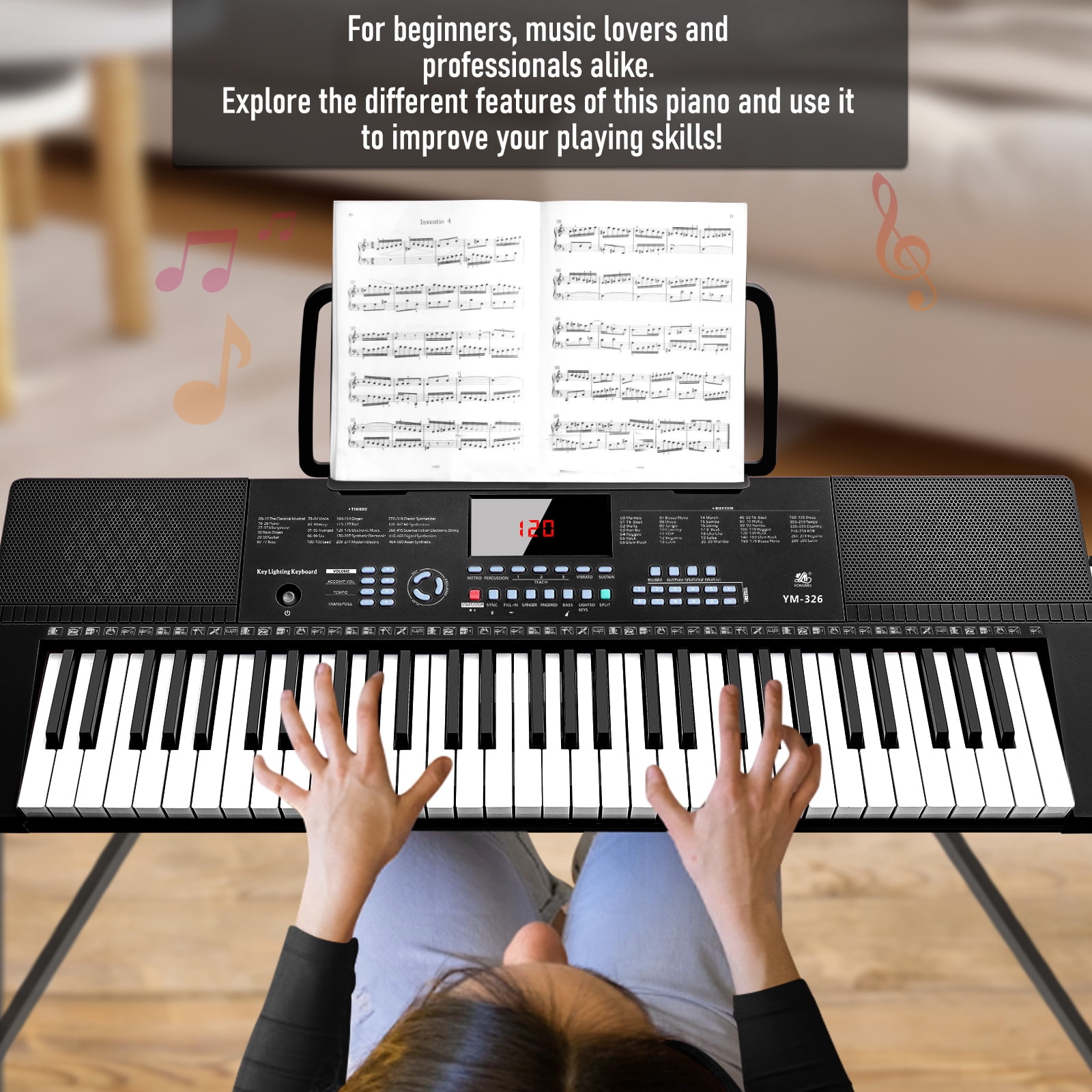 Hairycotar Upgraded 61-Key Piano Keyboard Set with Sheet Music Stand, Microphone, Auto Accompaniment, Metronome, Beginner Gift, Black