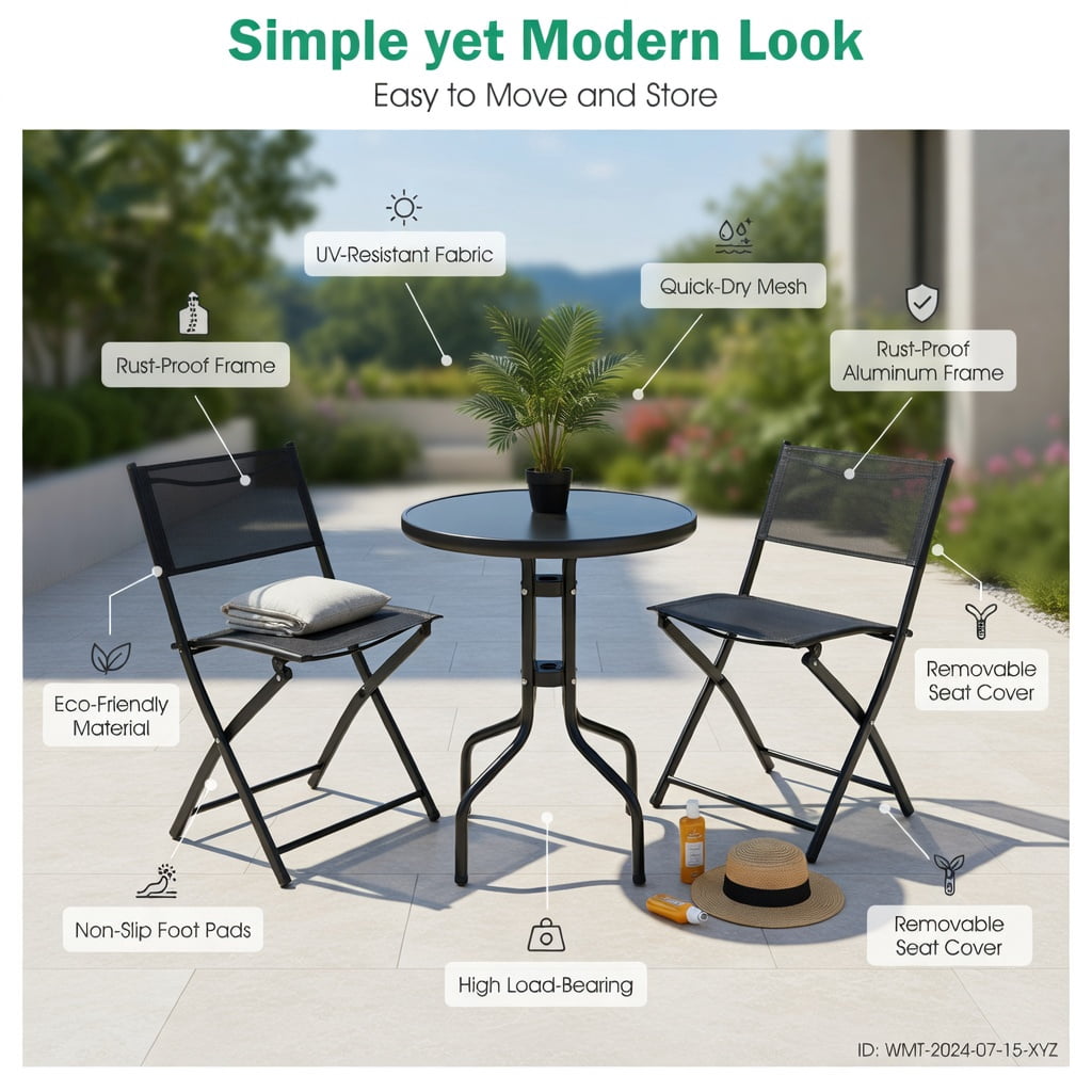 Hommoo 3-Piece Metal Folding Bistro Set, Round Tempered Glass Table + 2 Ergonomic Foldable Chairs for Patio, Garden & Indoor Use, Black