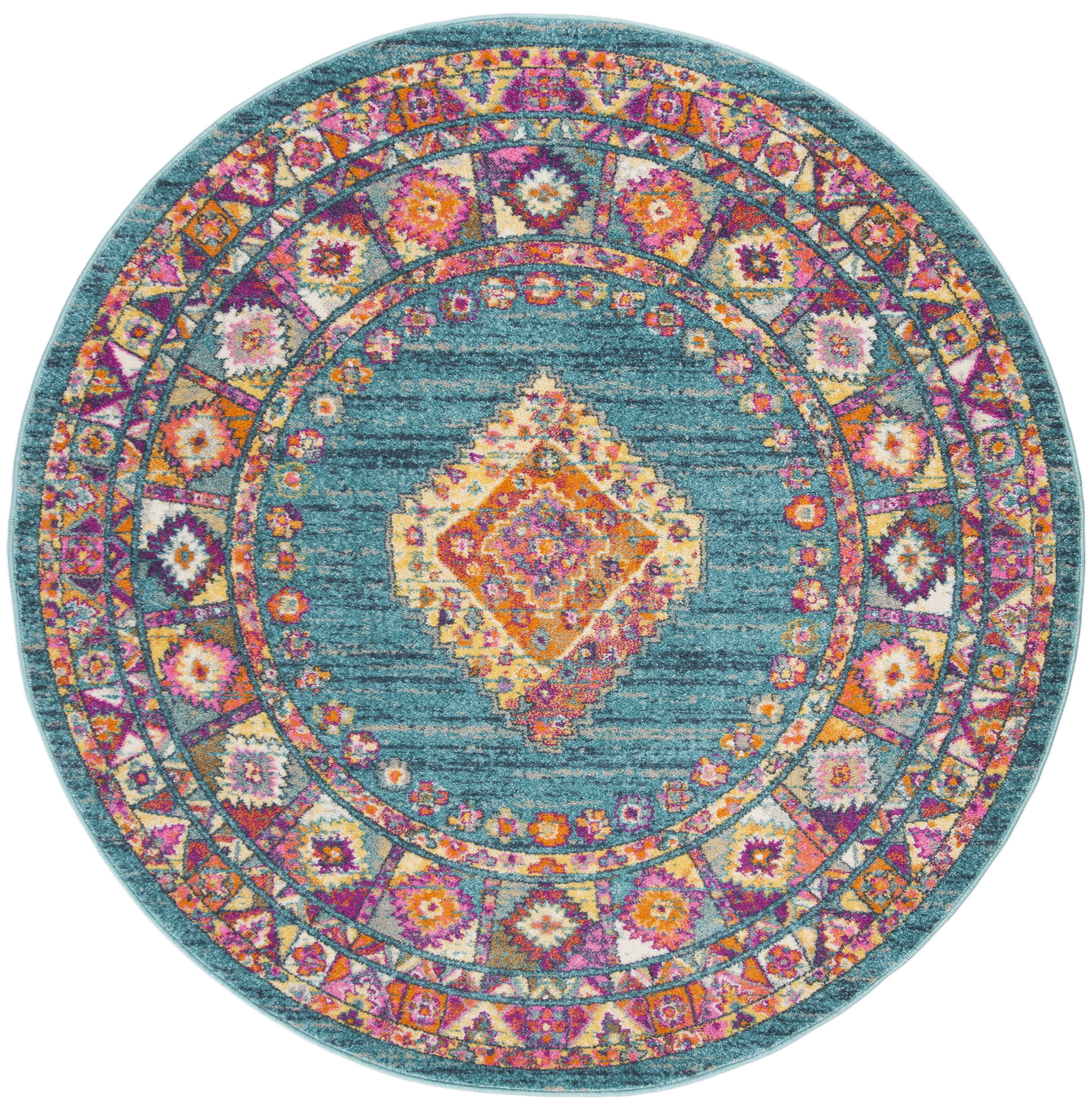 SAFAVIEH Madison Emmet Traditional Area Rug, Light Blue/Orange, 6'7" x 6'7" Round