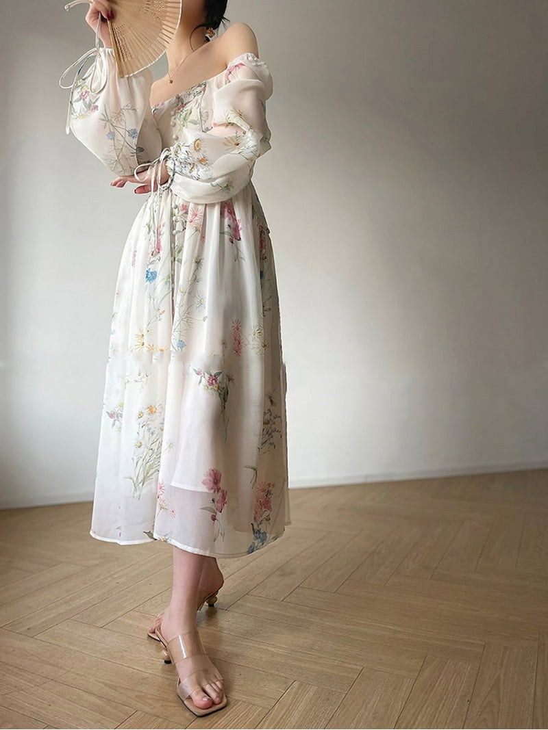 ワンピース French Bouquet Puff Sleeve Dress Elegant Puff Sleeve Floral Midi Dress: Summer V Neck French