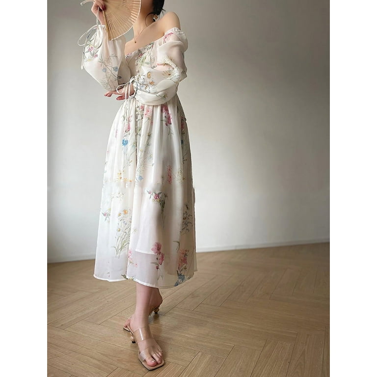 French Elegant Floral Midi Chiffon Long Sleeve Sundress French Elegant Floral Midi Chiffon Long Sleeve Sundress