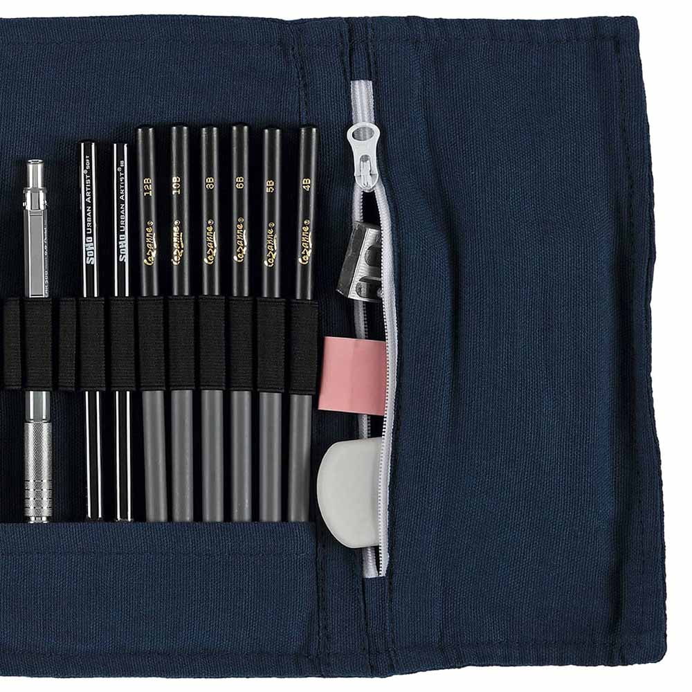 Cezanne Artist Pencil Case - Durable Blue Cotton Canvas Roll-Up Travel Art Case w/ Zipper Art Pouch for Artists, Professionals - Lightweight, Portable Organization- up to 120 Colored Pencils