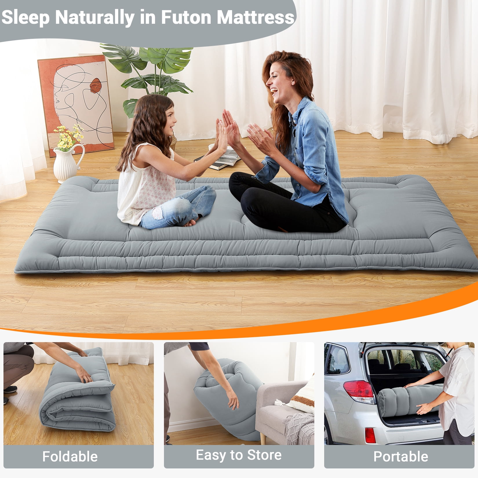 Twinl Size Foldable Floor Mattress, Japanese-Style Roll-Up Foam Sleeping Mat, Space-Saving Tatami Floor Bed for Living Room or Bedroom, Light Gray