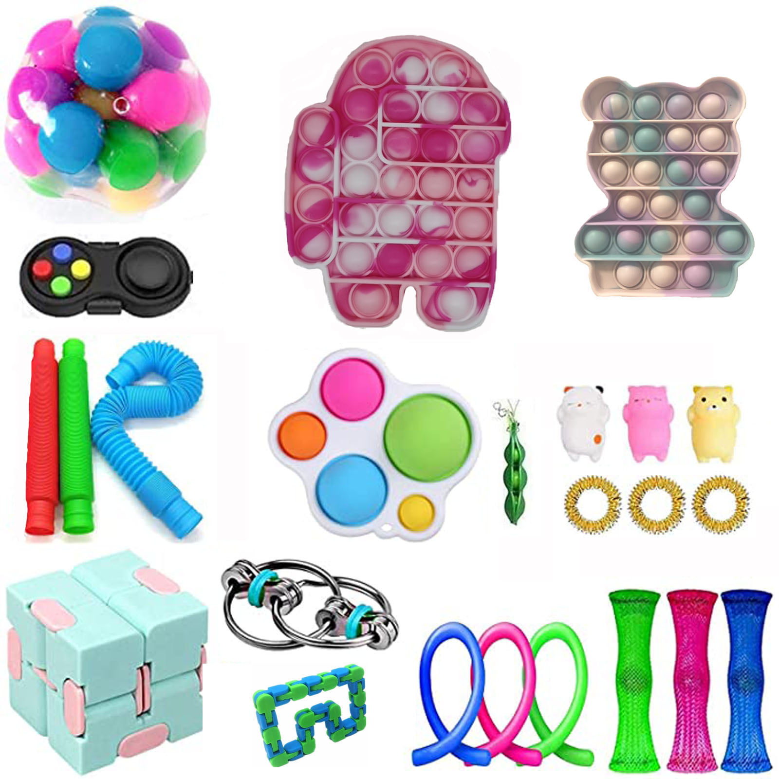 Random Color 30PCS Set, One Size 24Pcs Fidget Toy Set,Sensory Toys Pack Cheap for Kids Adults,Stress Relief and Anti-Anxiety Tools,Fidget Box with Square Simple Dimple &More Fidget Toys 