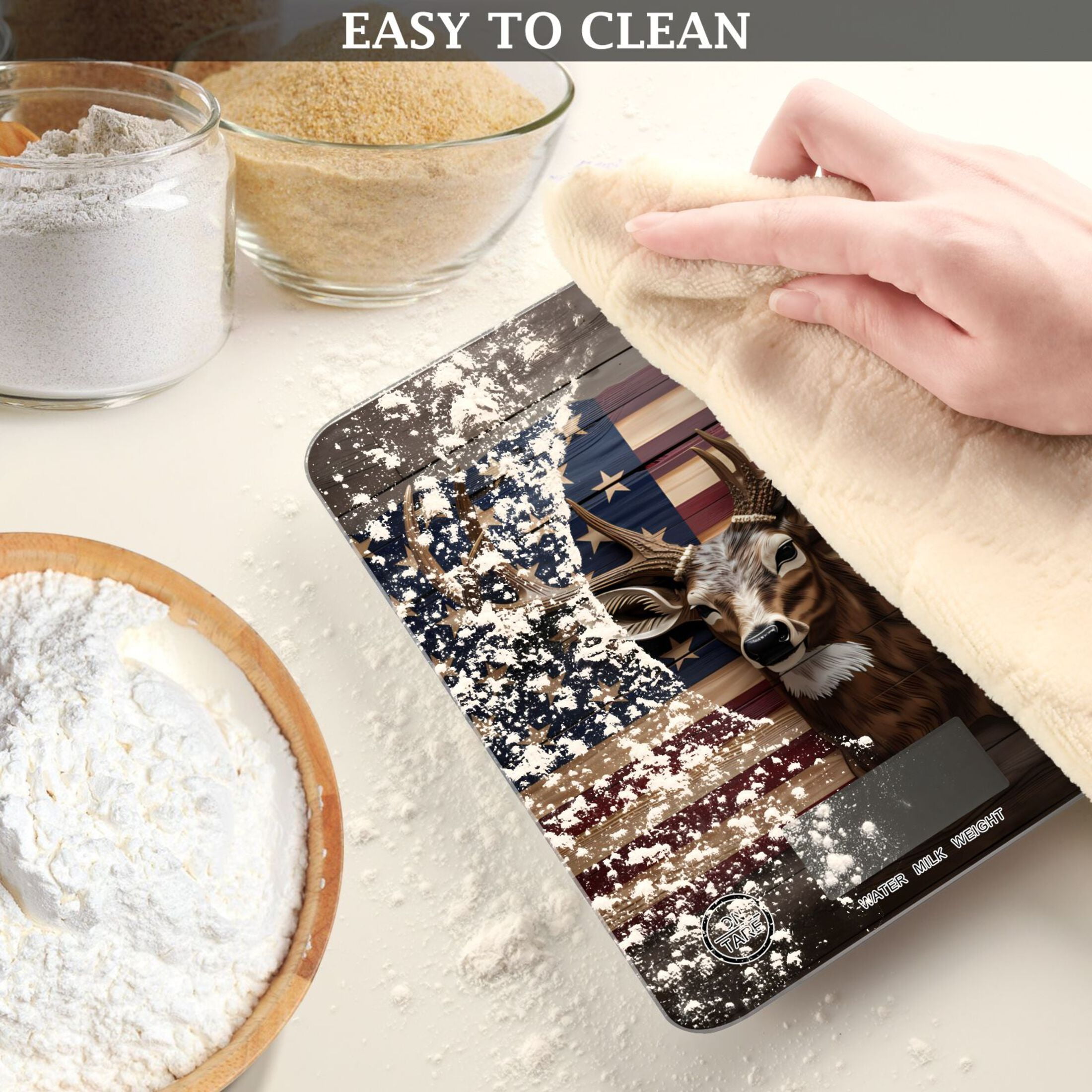 American Flag Deer Food Scale Digital Kitchen Scale Waterproof Tempered Glass Tare Function 11 lb for Baking Cooking Meal Prep