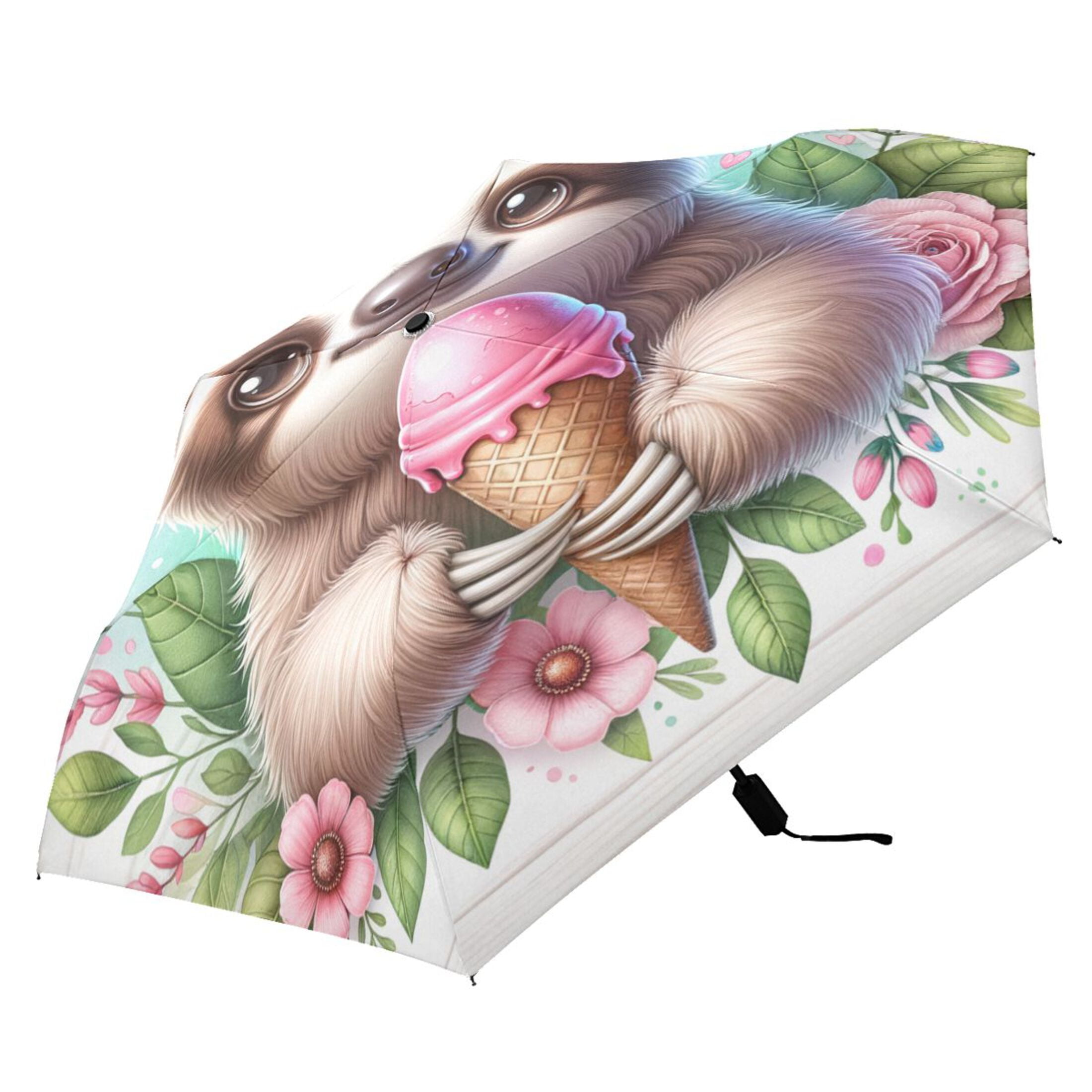 Compact Sun Umbrella Windproof Travel Umbrellas for Rain Strong Portable UV Protection Cute Sloth with Ice Cream