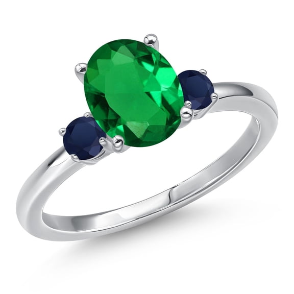 Gem Stone King 14K White Gold Green Nano Emerald and Blue Sapphire Engagement Ring for Women | 1.80 Cttw | Oval 9X7MM | Gemstone May Birthstone | Size 6