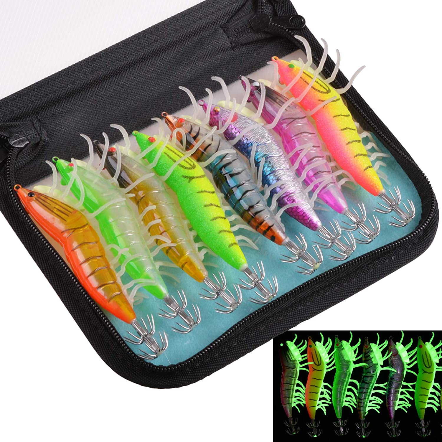 Luminous Shrimps Fishing Jig Hooks Saltwater Lure, 8pcs Plastic Glow Baits Artificial Fishing Lure Set Octopus Cuttlefish