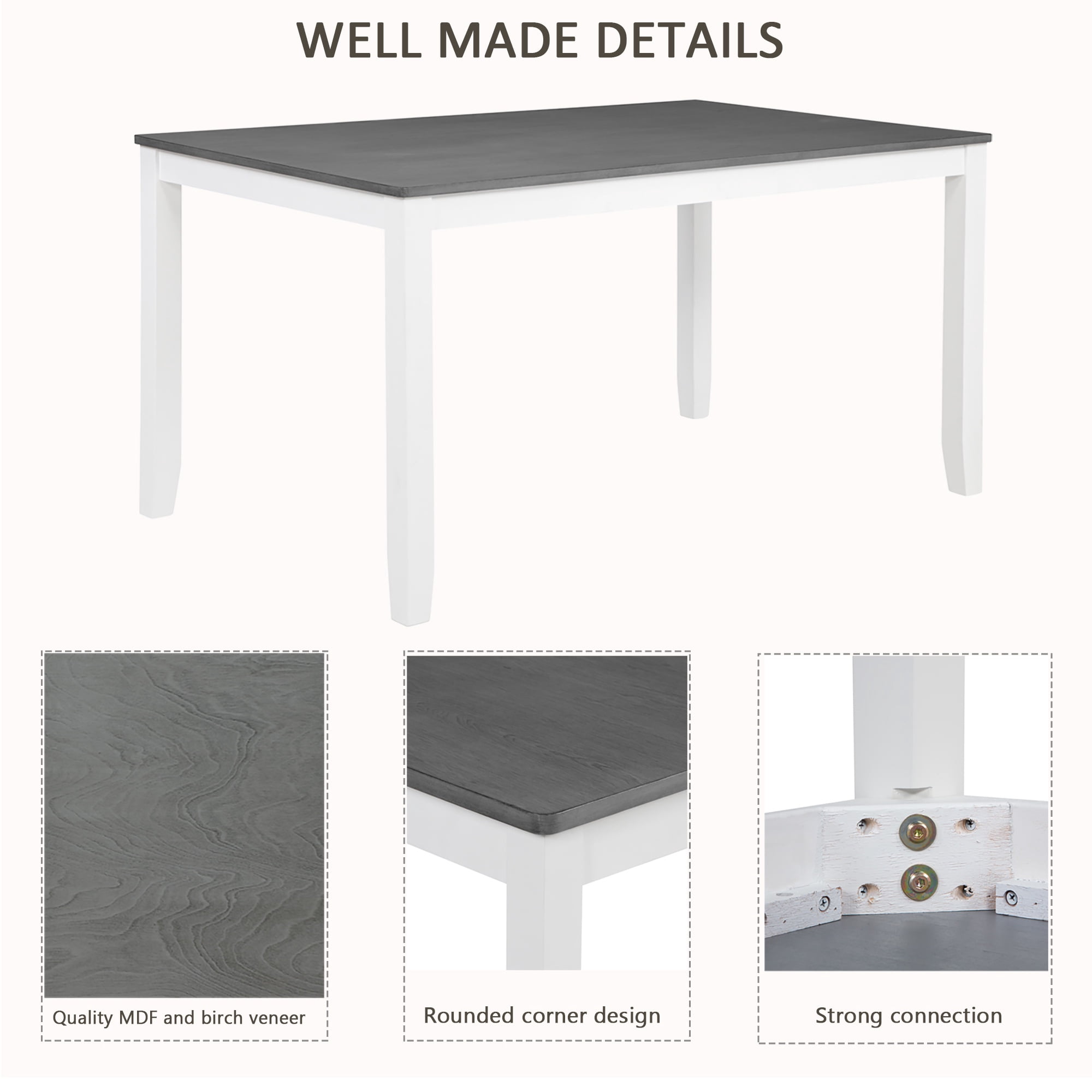 PORKISS Dining Table Set for 6, Farmhouse Dining Table Set with 4 Upholstered Chairs and Bench, Solid Wood Rectangular Dining Set of 6 People for Kitchen, Dining Room, Gray + White