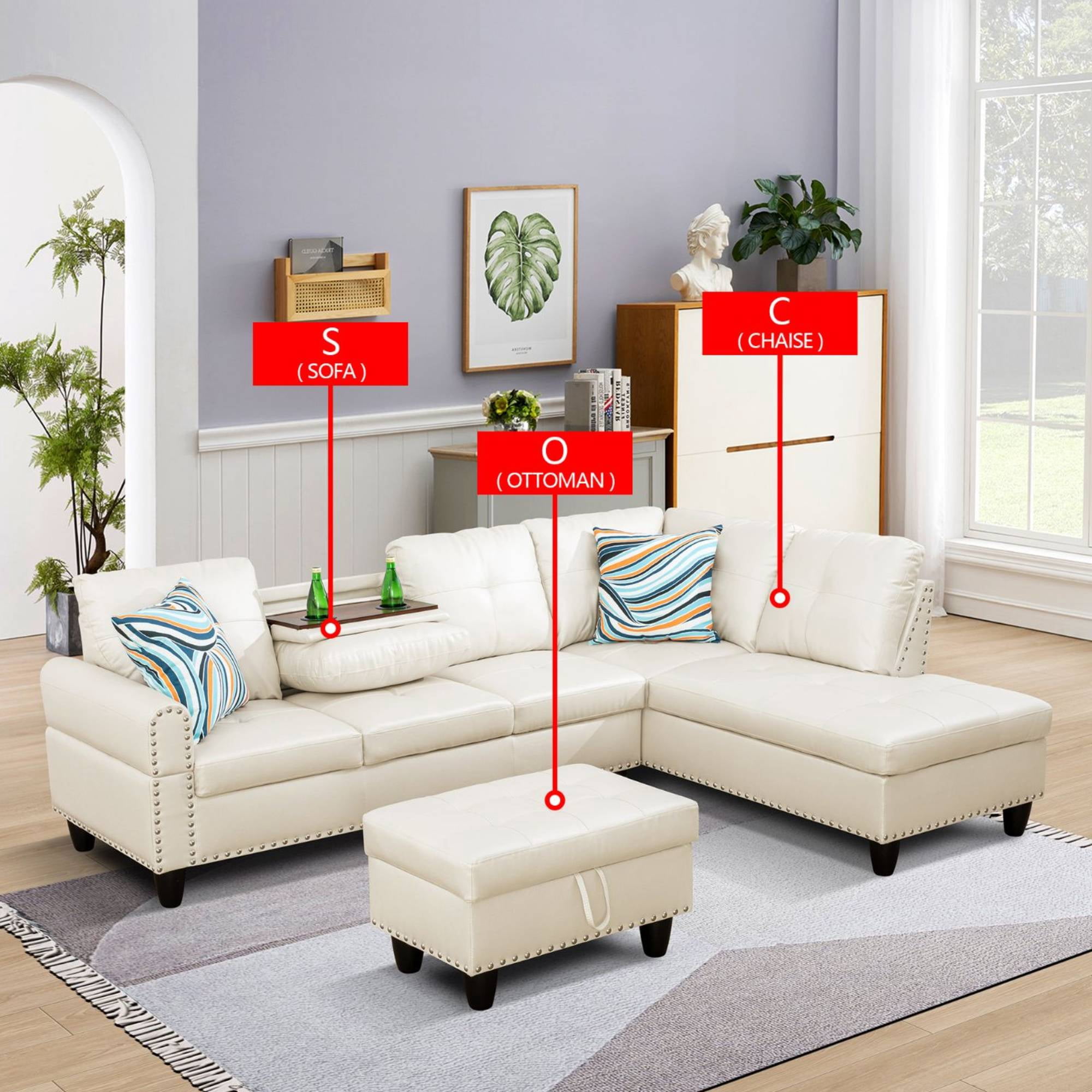 Modern L-Shaped Sectional Sofa Set with Left Chaise & Ottoman - Faux Leather Tufted Modular Couch for Living Room, White