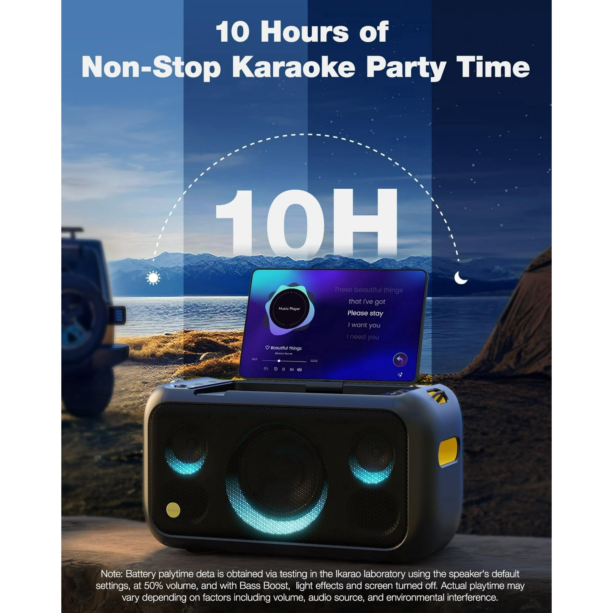 Ikarao Karaoke Machine for Adults, Built-in 13.3-inch Screen, Portable Bluetooth Speaker with 2 Wireless Mics for TV, Music Party