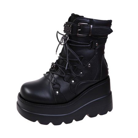 

Women‘s Studded & Buckle Decor Lace Up Ankle Boots Punk Style Wedge Heeled Boots Women‘s Y2K Style Shoes