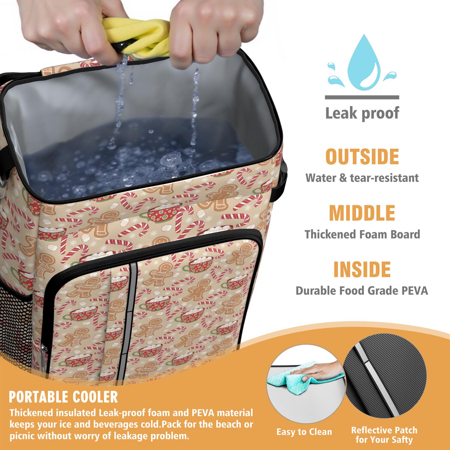 Travel Cooler Bag - Beige Christmas Gingerbread Man Pattern Camping Beer Cooler Backpack with Bottle Opener- Waterproof Insulated Picnic Backpacks - Cooler Bag for Beach