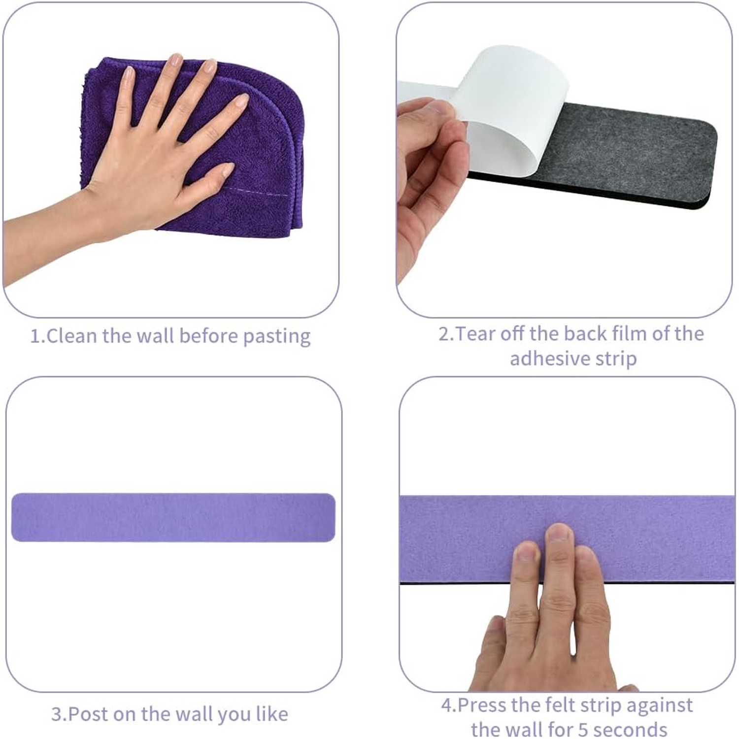 8 pcs Bulletin Board Bar Strips with 50 Pushpins & 10 Wooden Clip pins，Self Adhesive Cork Board for Wall，Felt Pin Board for School，Office Decor(Medium Purple)