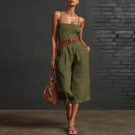 Women's Solid Color V-Neck Camisole Jumpsuit with Wide Legs, Quarter Waistband, and Pocket