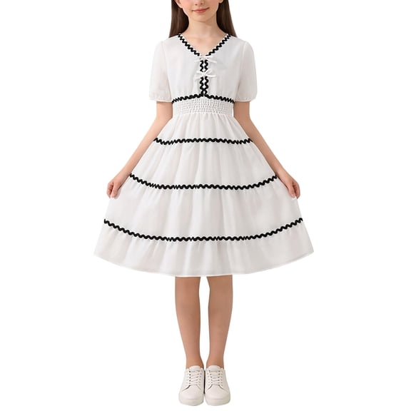 Ruyang Teen Girls Dresses Striped Bowknot A Line Short Sleeve Maxi Dresses Summer Breathable Casual Princess Dresses