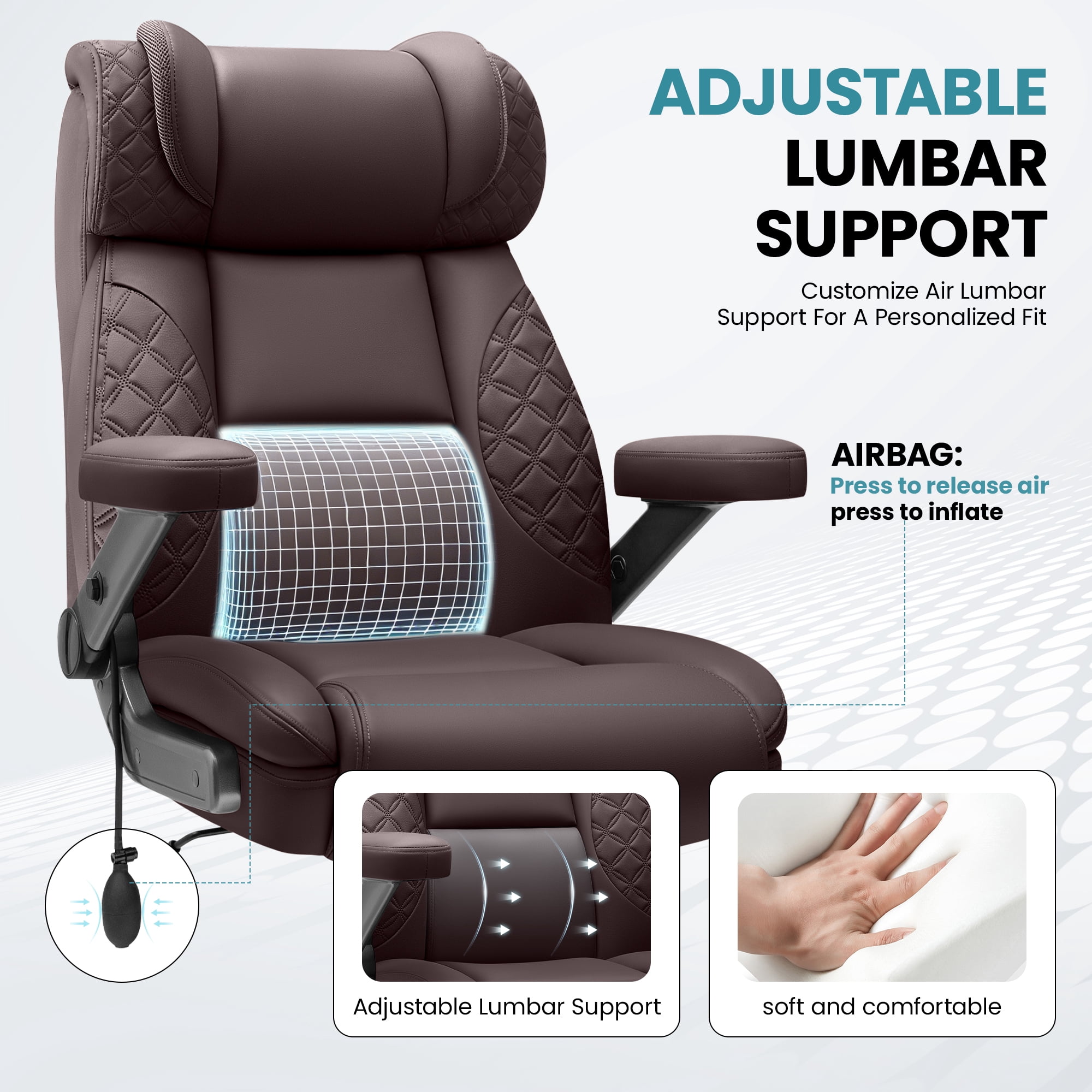 FASTES Leather Office Chair Big and Tall Desk Office Chair, 500lbs Computer Chair Ergonomic Extra Wide Gaming Chair with Adjustable Lumbar Support 5D Flip Arms,Coffee