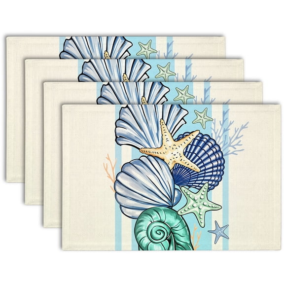Coastal Beach Placemats Set of 4 Seashell Starfish Fabric Table Place Mats Nautical Kitchen Dining Placemats for Summer Decor