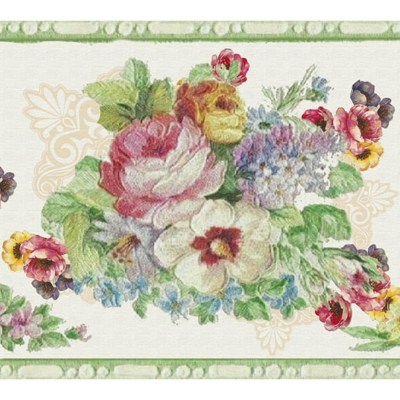 Dundee Deco's Peel and Stick Wallpaper Border - Floral Red, Yellow, Blue, Green Retro Bouquets Wall Border Retro Design, 15 ft x 7 in (4.57m x 17.78cm), Self Adhesive