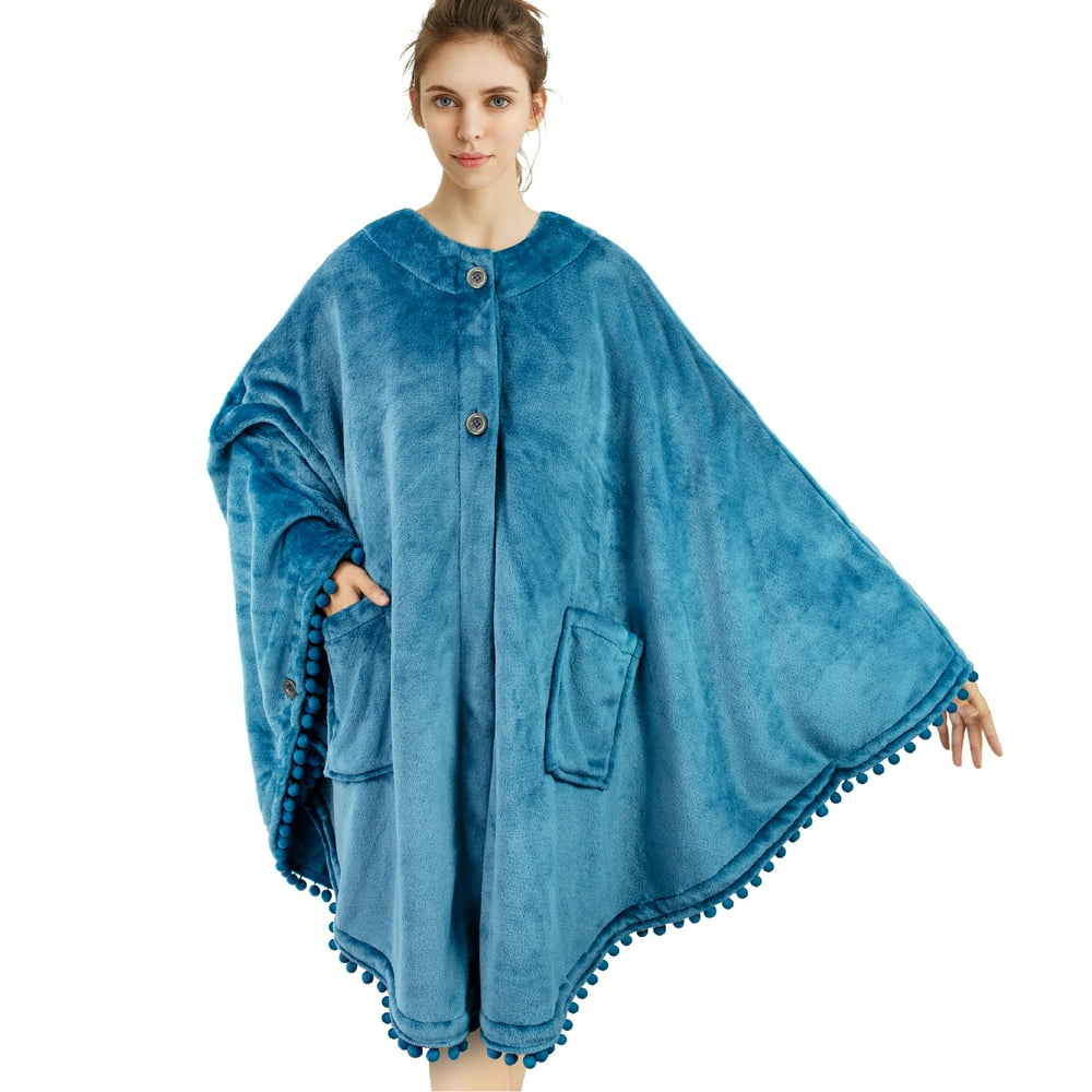 PAVILIA Wearable Blanket Poncho Cape Fleece Angel Wrap with Pom Pom