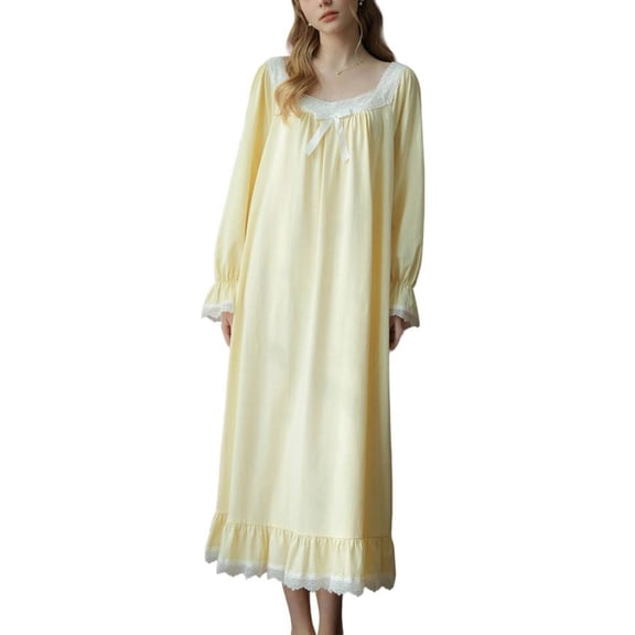 SWSMCLT Women's Princess Victorian Nightgowns Mid Calf Bow Comfy Plunge Baggy Old Fashioned Sleepwear Loose Pjs Lounge Vintage Cotton Yellow Medium