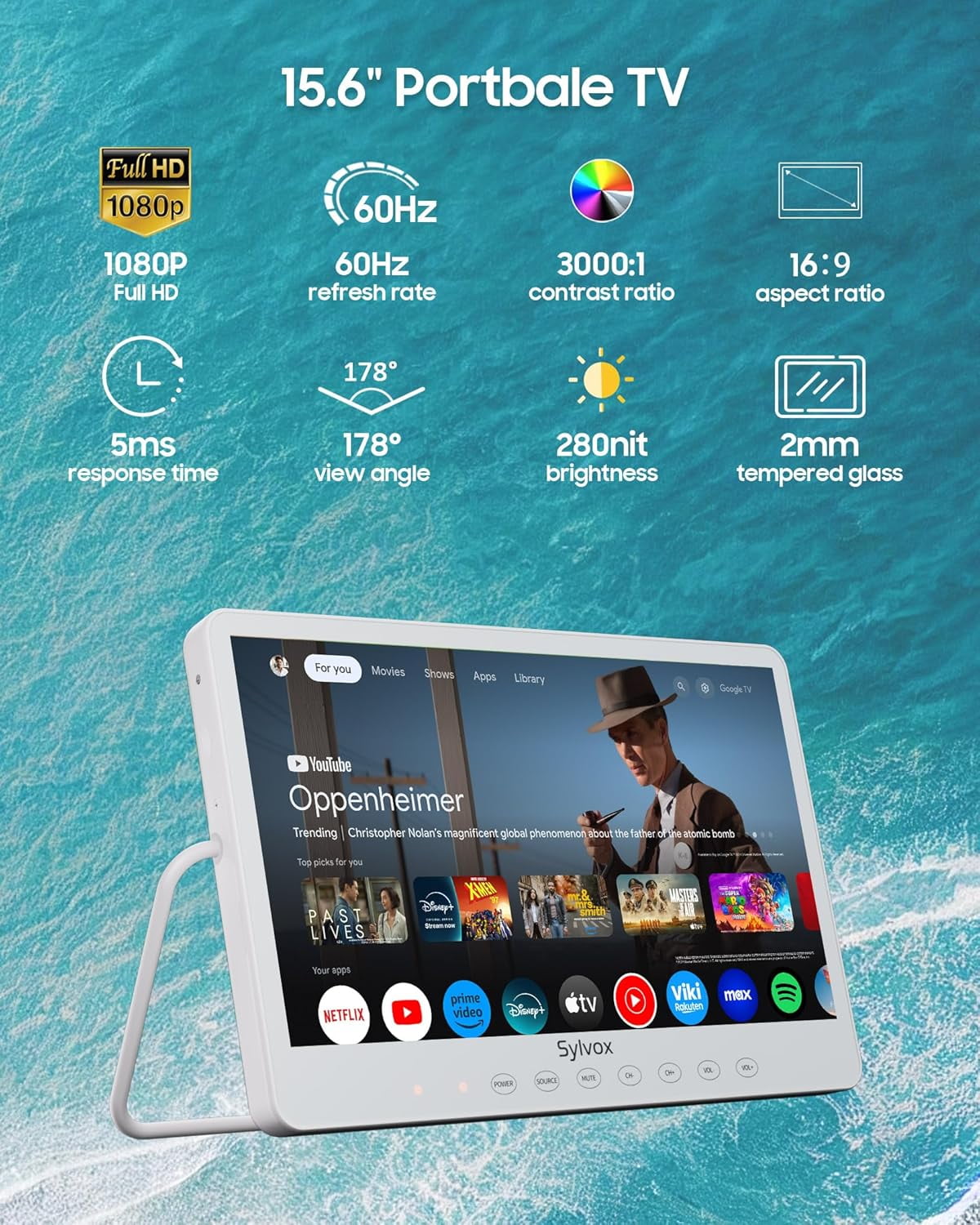 SYLVOX 15.6" Portable TV, 1080P Google TV with Rechargable Battery 6H/10000 mAh, IP66 Waterproof