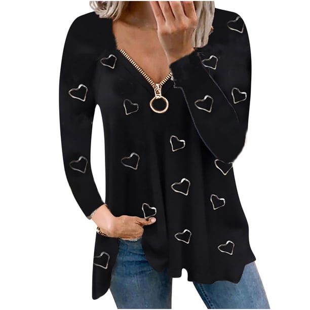 Blusa informal de manga larga con cuello en V y cremallera suelta con estampado de amor para mujer Pompotops gfhjh5074