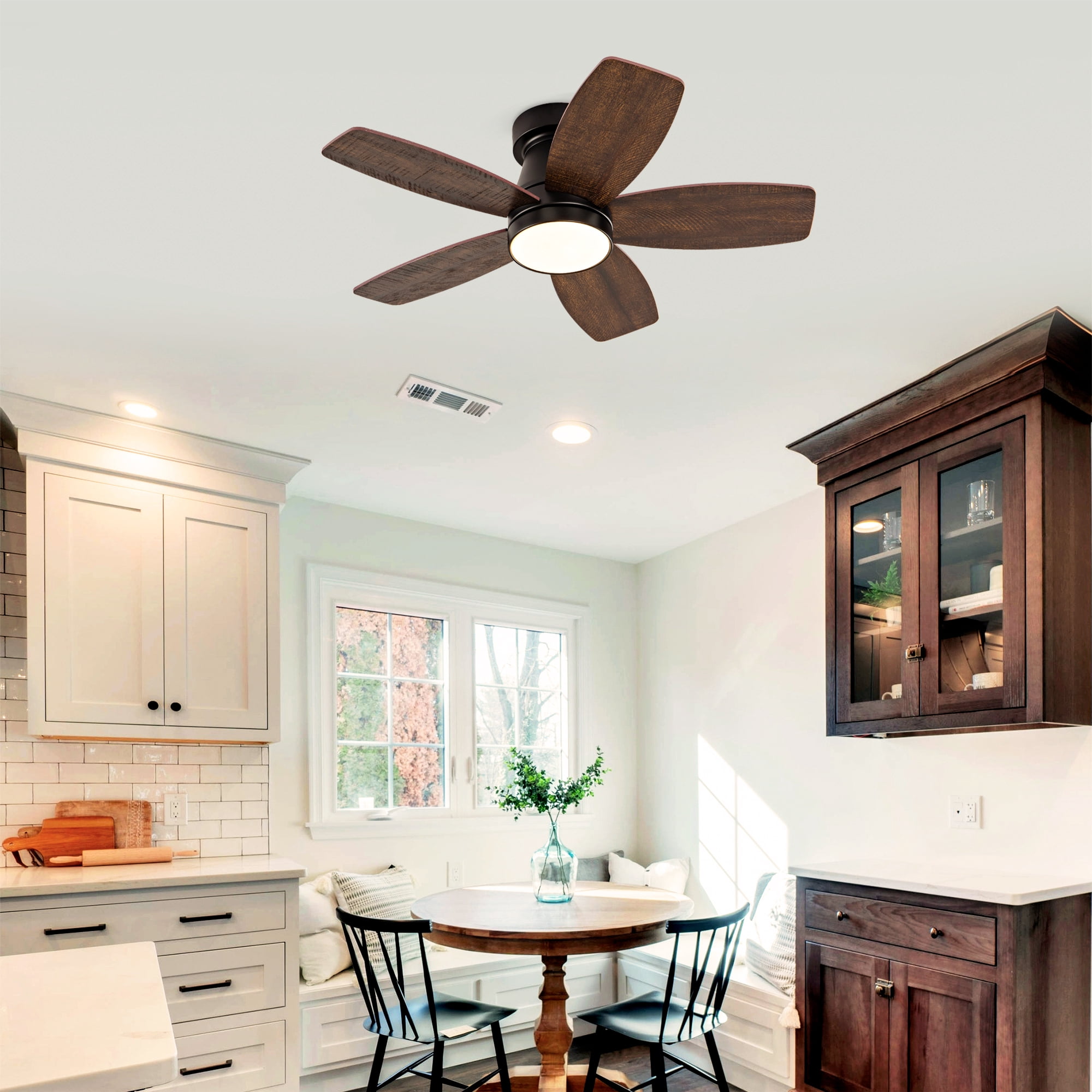 Ceiling Fan with Lights, 32 Inch Low Profile Flush Mount Reversible DC Motor Remote Fan for Bedroom Home, Black Dark Walnut