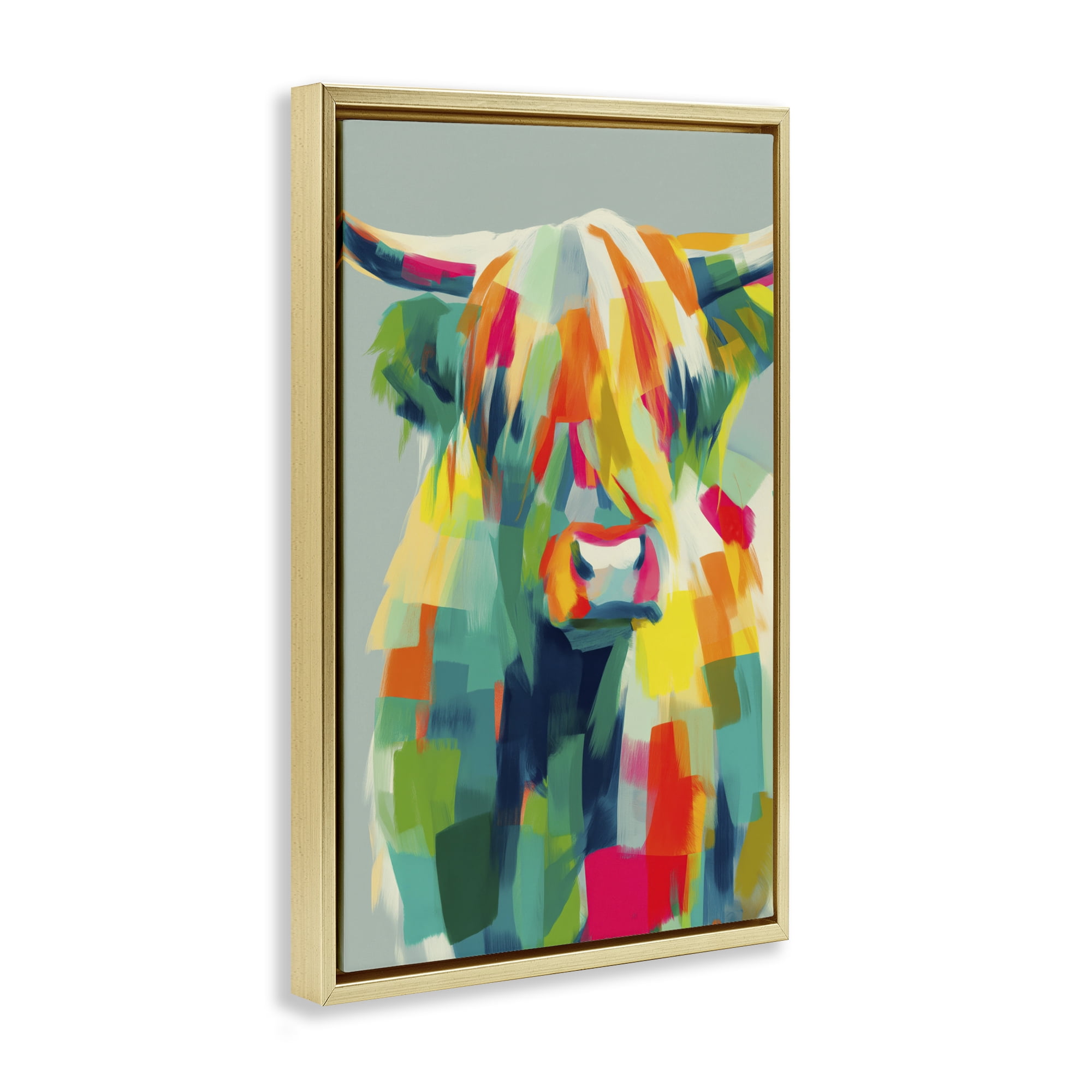 Stupell Industries Highland Cow Abstract Patchwork Gold Framed Floater Canvas Wall Art, design by Chromatic Storm Studio