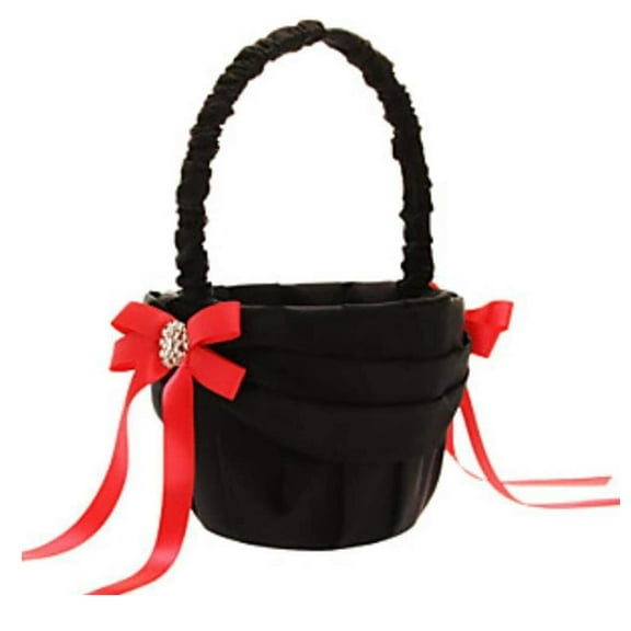 Black Wedding Flower Girl Basket Red Satin Bowknot Bridal Basket Flower Girl Rhinestone Decor Basket Wedding Ring Bearer Pillow Basket for Bridal Wedding Shower Ceremony Celebrations Party Decoration